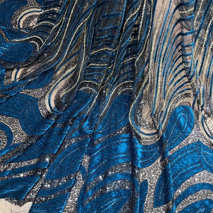 Luxury Velvet & Sequins Embroidered Net Fabric