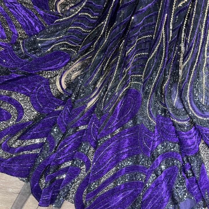 Luxury Velvet & Sequins Embroidered Net Fabric