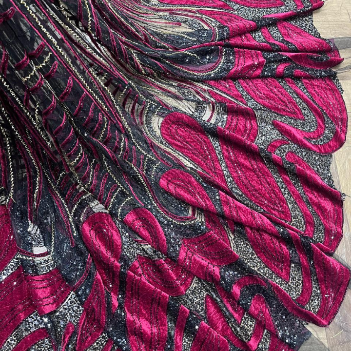 Luxury Velvet & Sequins Embroidered Net Fabric