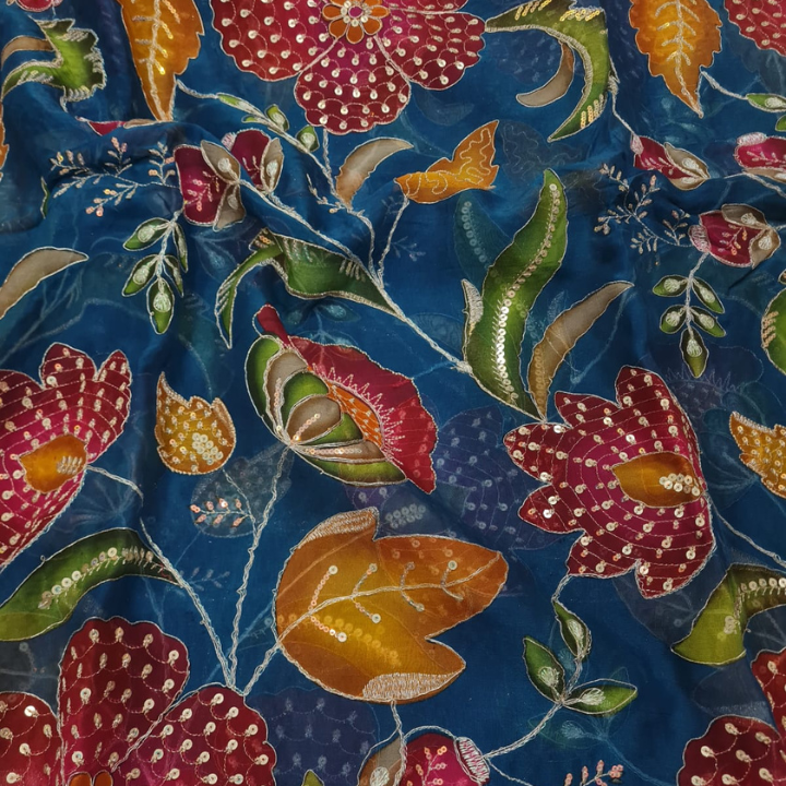 Premium Floral Embroidered Organza Fabric with Sequin