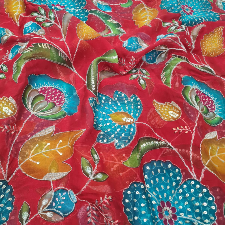 Premium Floral Embroidered Organza Fabric with Sequin