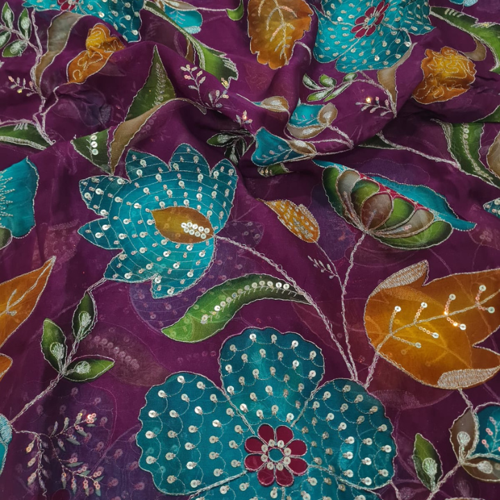 Premium Floral Embroidered Organza Fabric with Sequin