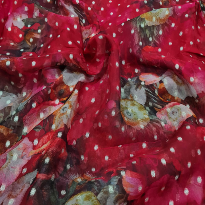 Floral Print Organza Fabric with Metallic Zari Butti 44 Width