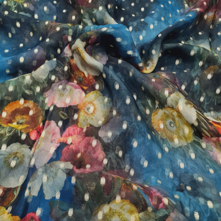 Floral Print Organza Fabric with Metallic Zari Butti 44 Width