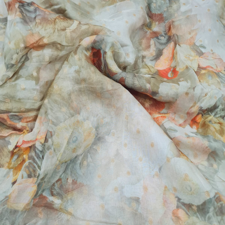 Floral Print Organza Fabric with Metallic Zari Butti 44 Width