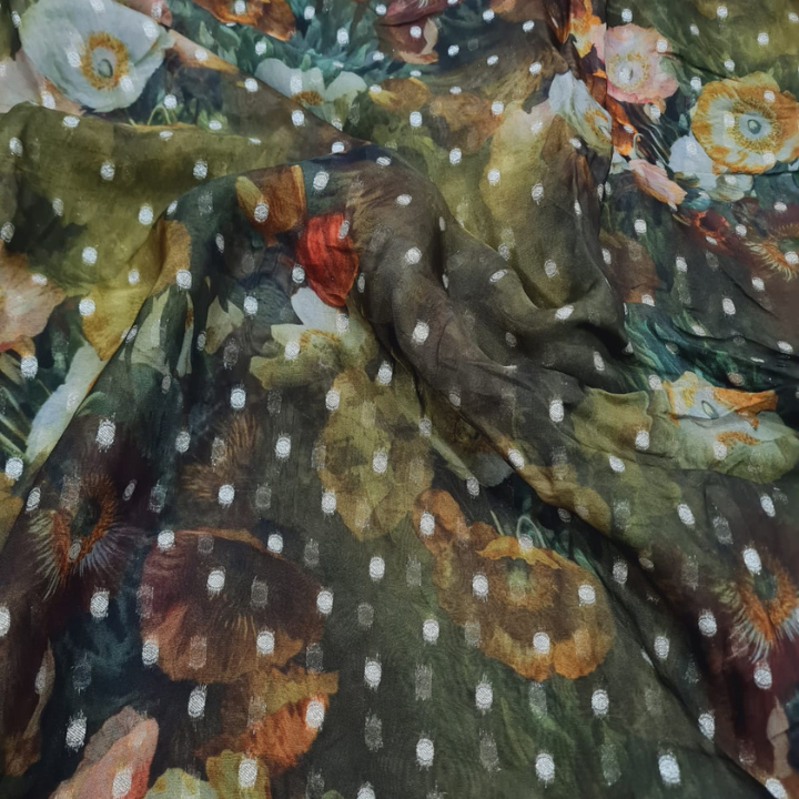 Floral Print Organza Fabric with Metallic Zari Butti 44 Width